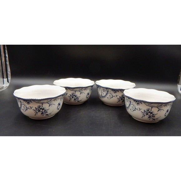 222 Fifth Adelaide Blue Toile Bird Floral Soup Cereal Bowls Scalloped Edge S/4 - Picture 1 of 9